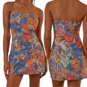 NWT PEPPERMAYO Catching Flights Bustier Dress Sz 14 Rio Brazil Print Linen Blend